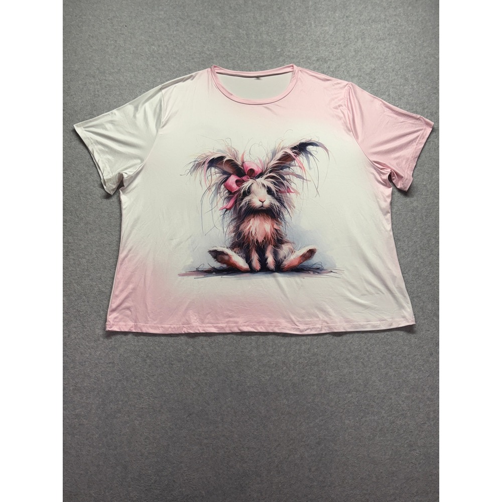 Pink Watercolor‎ Fluffy Bunny Graphic Tee Short Sleeve Stretch Top 8XL